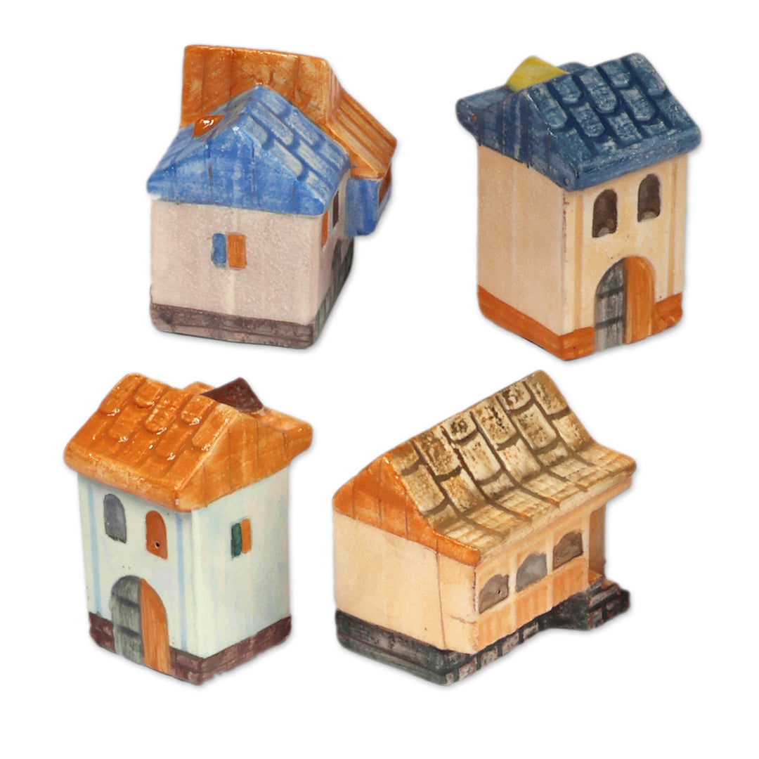 Set of 4 Hand-Painted Glazed Cottage Ceramic Figurines - Delightful Cottages