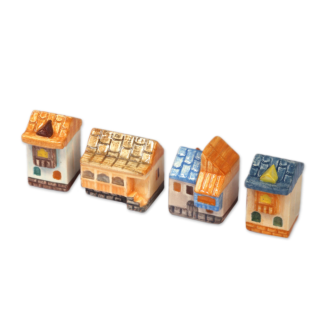 Set of 4 Hand-Painted Glazed Cottage Ceramic Figurines - Delightful Cottages