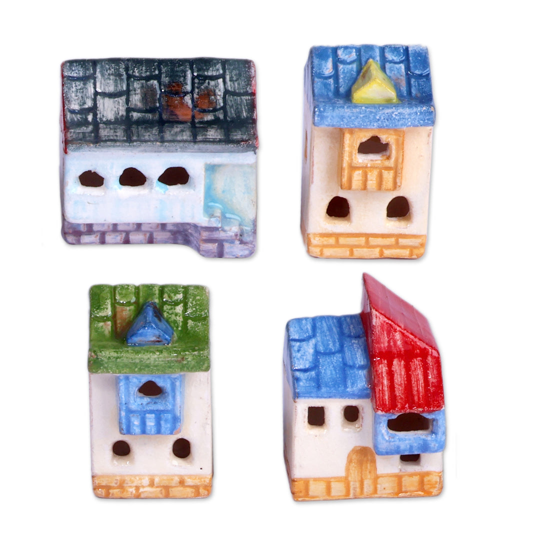 Set of 4 Painted Glazed Cottage-Themed Ceramic Figurines - Lovely Cottages
