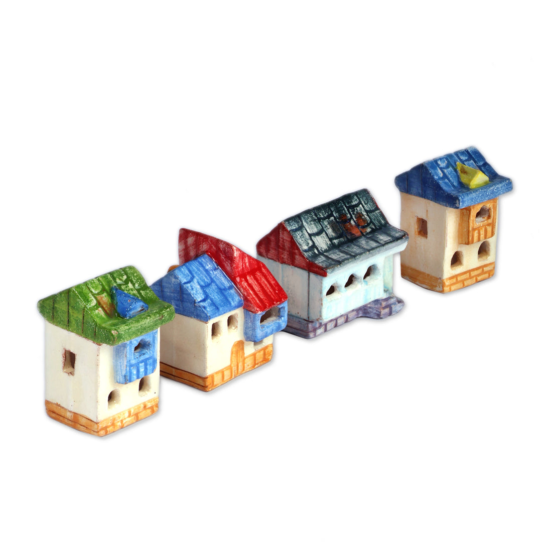 Set of 4 Painted Glazed Cottage-Themed Ceramic Figurines - Lovely Cottages