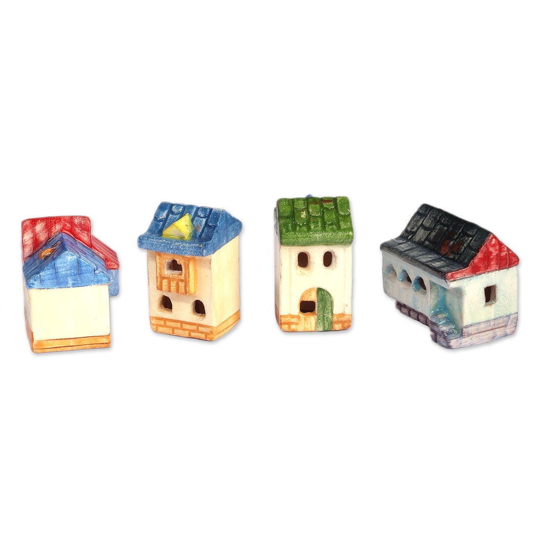 Set of 4 Painted Glazed Cottage-Themed Ceramic Figurines - Lovely Cottages