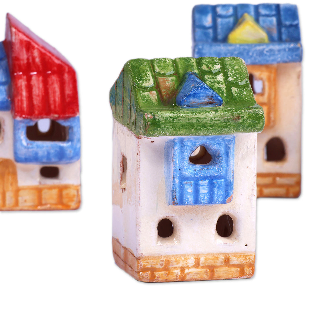 Set of 4 Painted Glazed Cottage-Themed Ceramic Figurines - Lovely Cottages