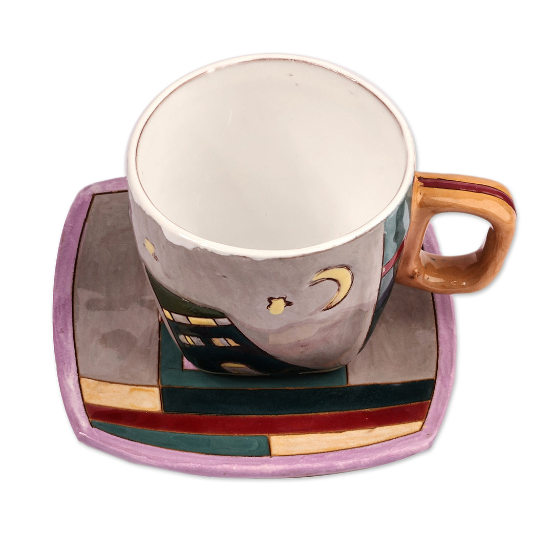 Cityscape Whimsical Grey and Purple Ceramic Cup and Saucer - Starry Urbanism