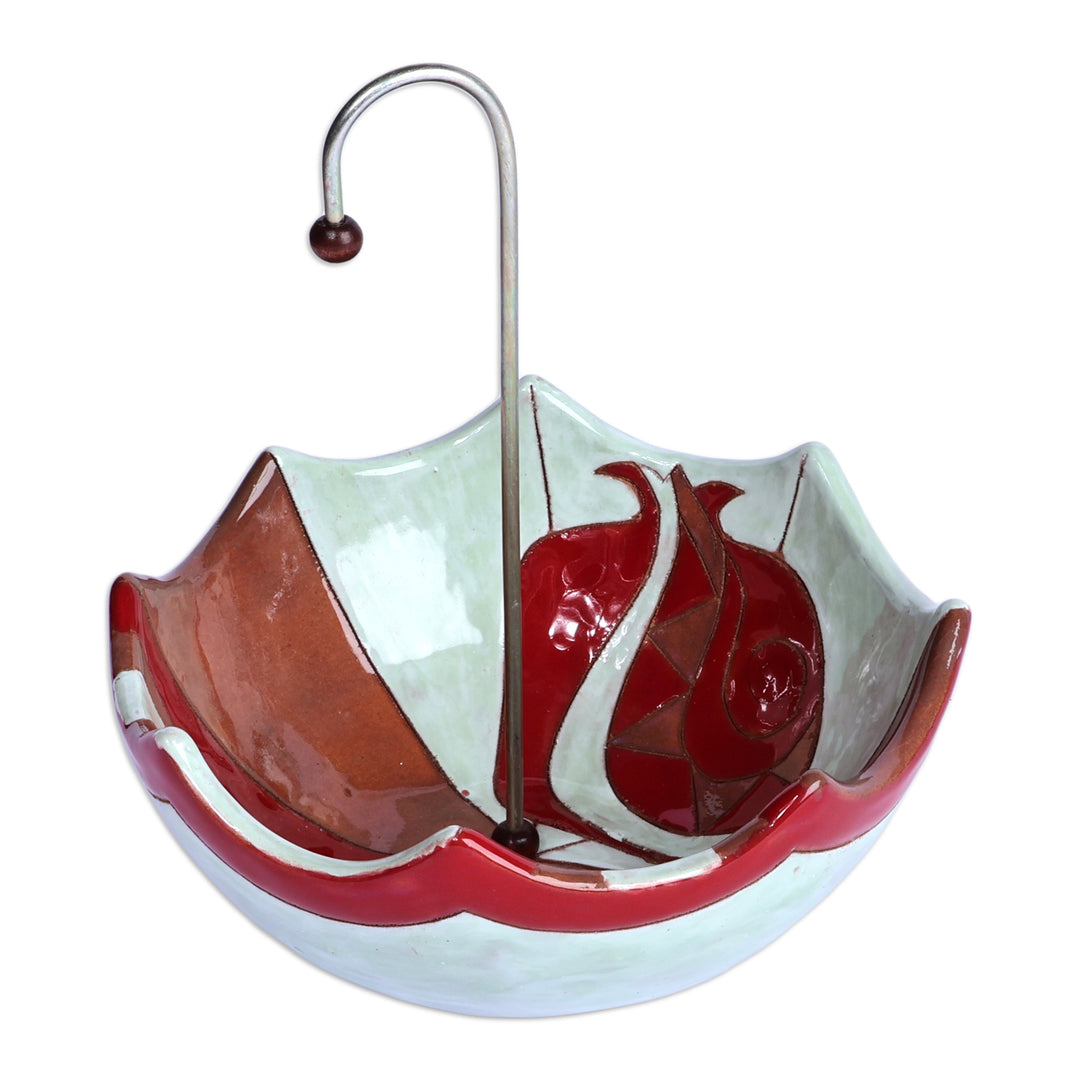Glazed Red and Green Ceramic Umbrella Jewelry Stand Catchall - Inverted Pomegranate Umbrella