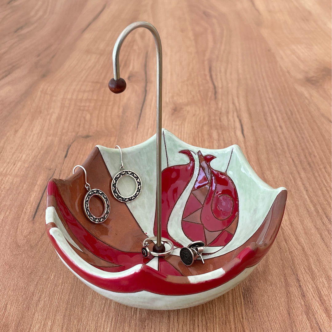 Glazed Red and Green Ceramic Umbrella Jewelry Stand Catchall - Inverted Pomegranate Umbrella