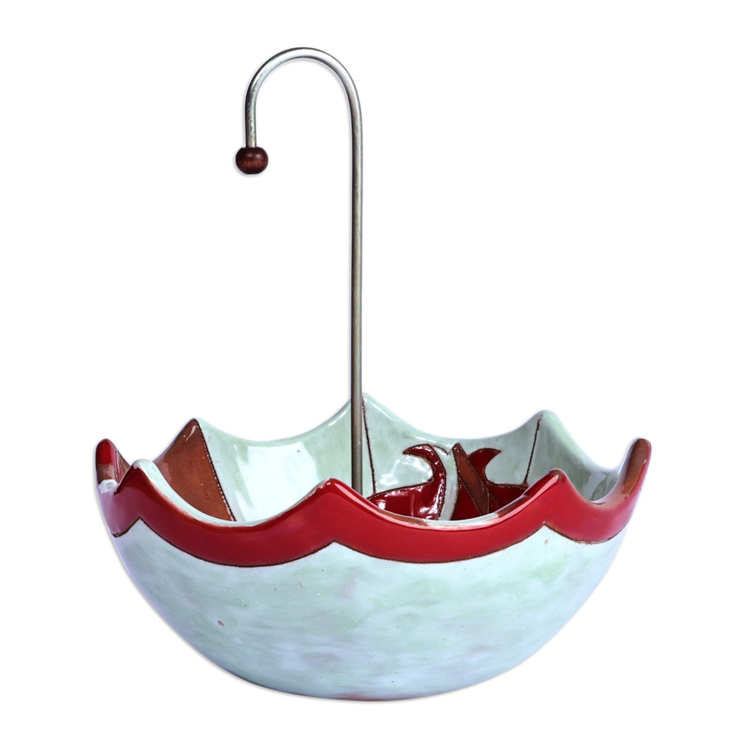 Glazed Red and Green Ceramic Umbrella Jewelry Stand Catchall - Inverted Pomegranate Umbrella