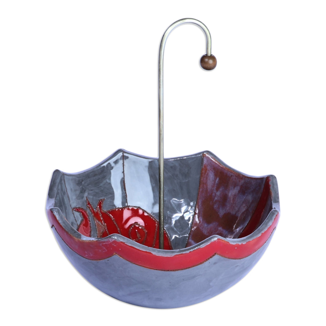 Armenian Glazed Ceramic Umbrella Jewelry Stand and Catchall - Inverted Umbrella