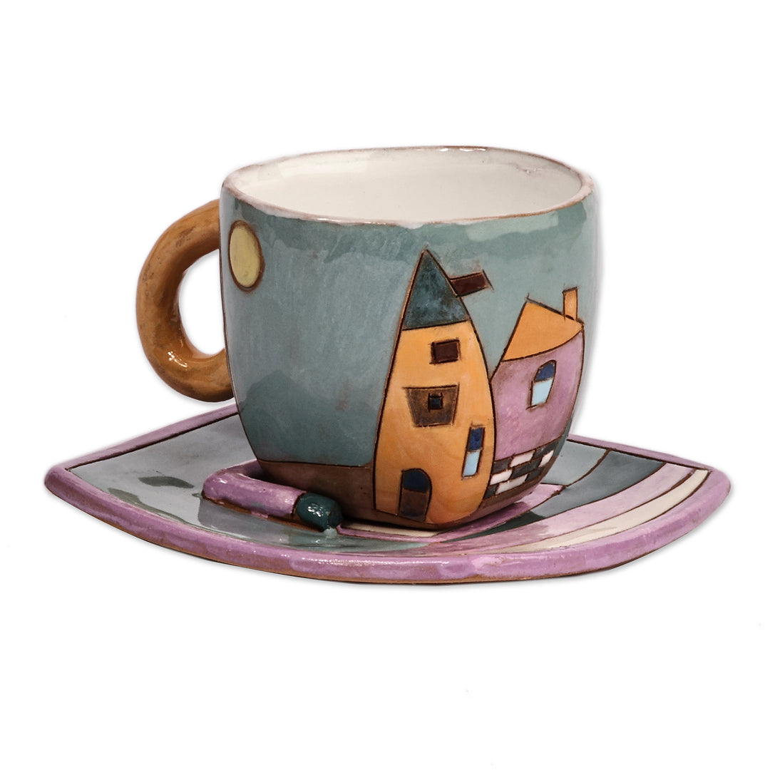 Hand-Painted Naïf Urbanscape-Themed Ceramic Cup and Saucer - Urban Elixir