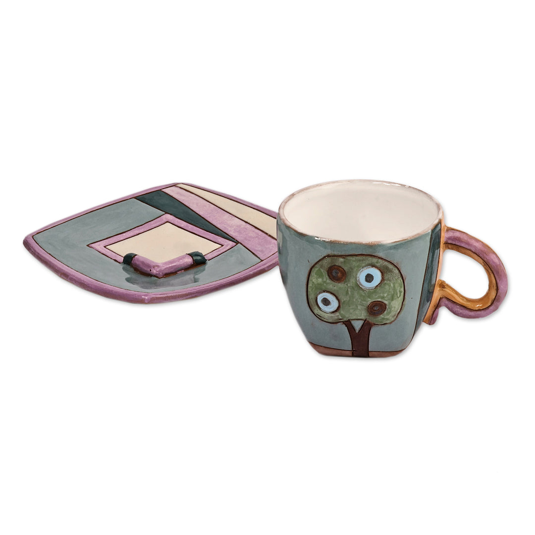 Hand-Painted Naïf Urbanscape-Themed Ceramic Cup and Saucer - Urban Elixir