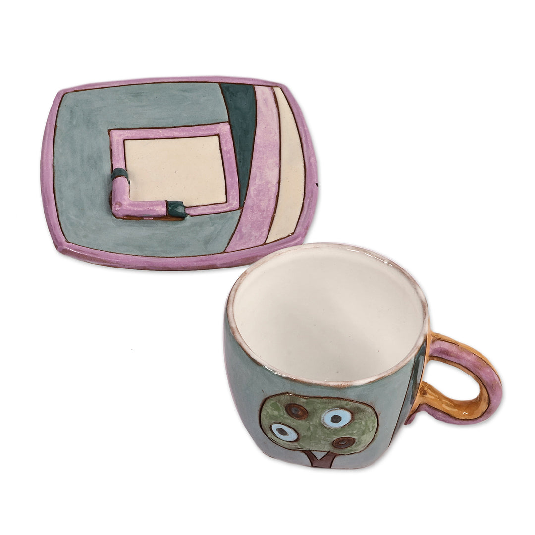 Hand-Painted Naïf Urbanscape-Themed Ceramic Cup and Saucer - Urban Elixir
