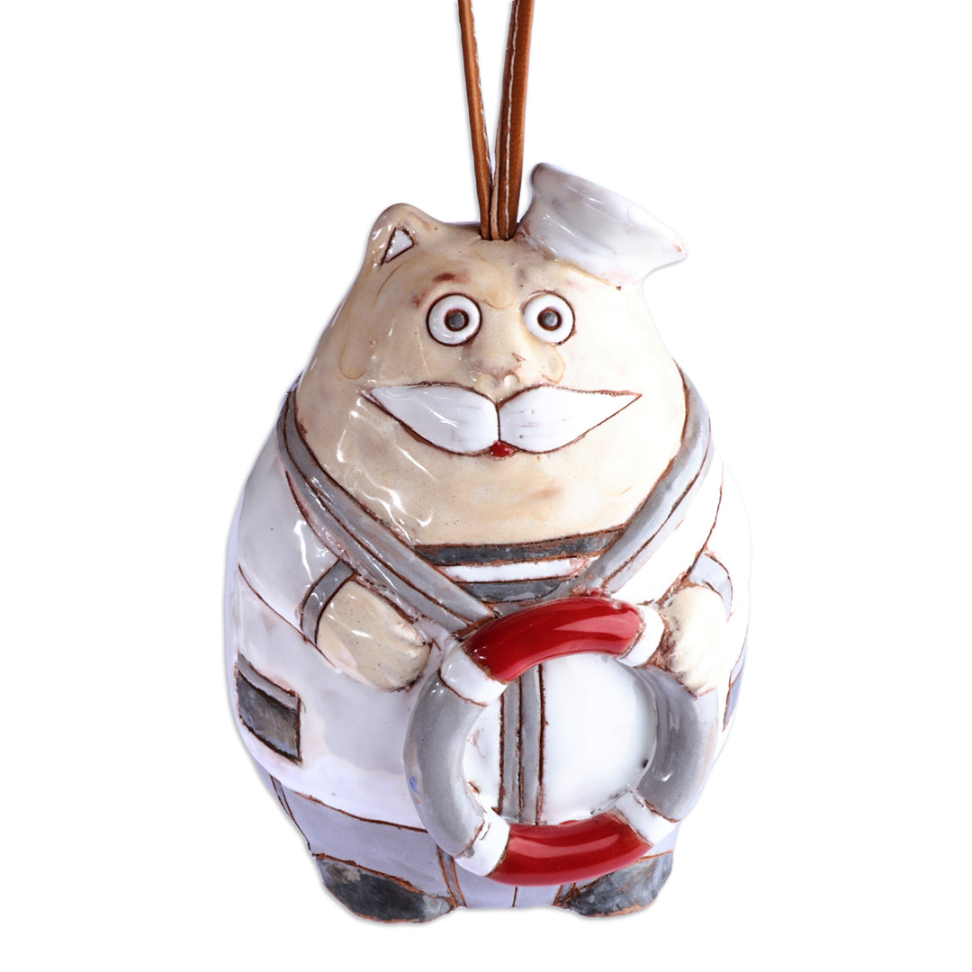 Painted Nautical Cat Ceramic Bell Ornament with Leather Cord - Captain Cat
