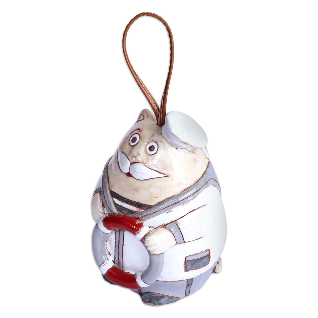 Painted Nautical Cat Ceramic Bell Ornament with Leather Cord - Captain Cat