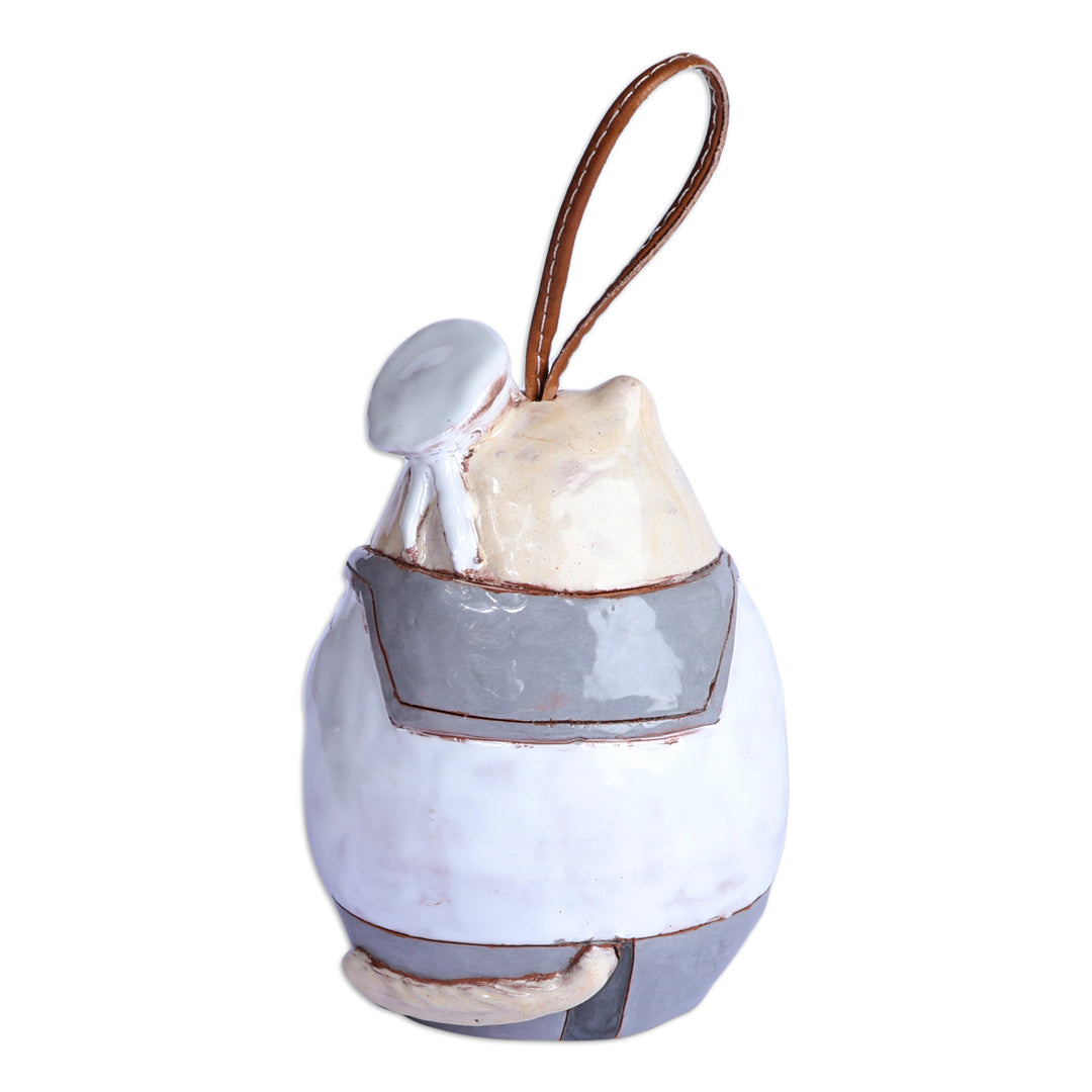 Painted Nautical Cat Ceramic Bell Ornament with Leather Cord - Captain Cat