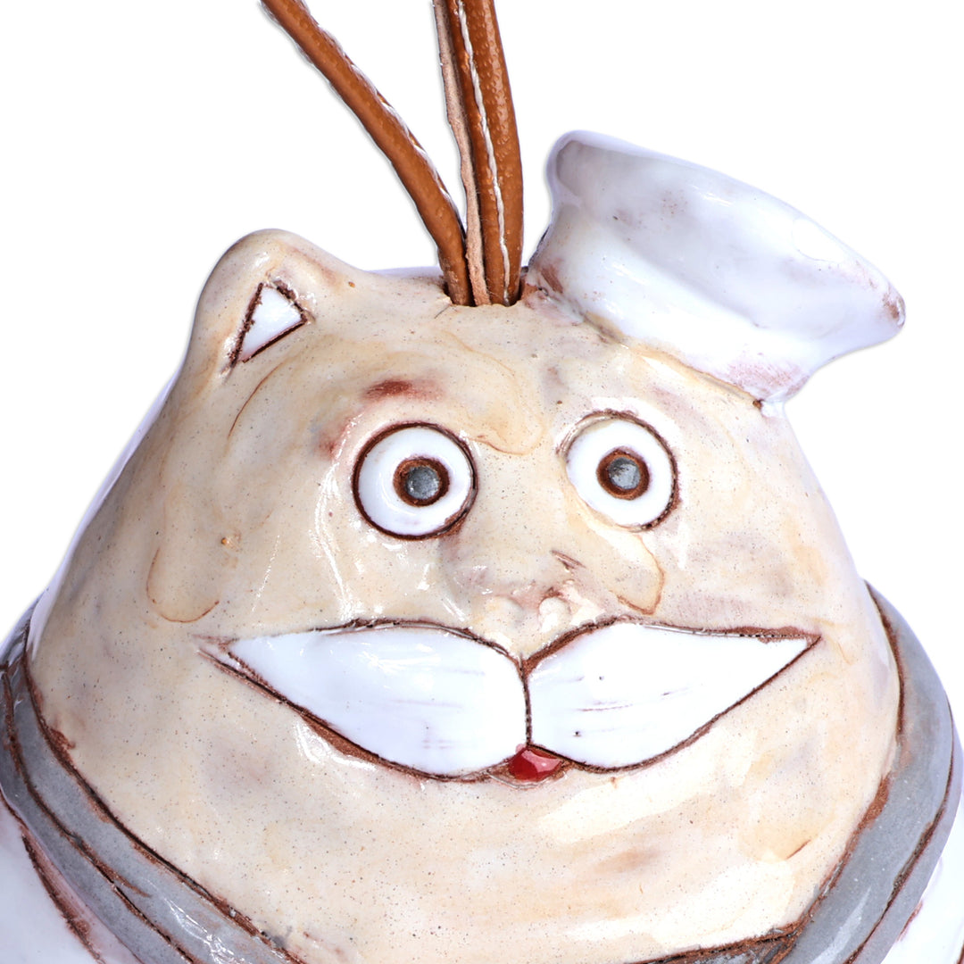 Painted Nautical Cat Ceramic Bell Ornament with Leather Cord - Captain Cat
