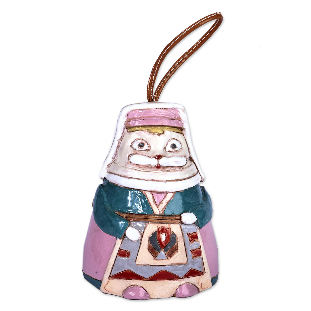 Painted Feline Lady Ceramic Bell Ornament with Leather Cord - Madam Cat