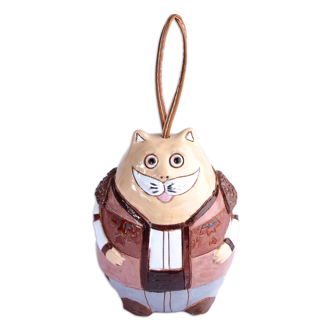 Hand-Painted Cat Ceramic Bell Ornament with Leather Cord - Gallant Cat