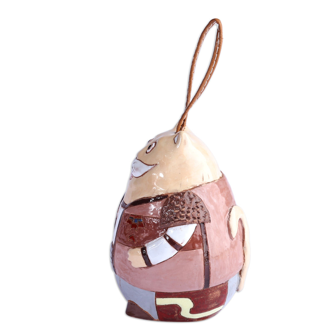 Hand-Painted Cat Ceramic Bell Ornament with Leather Cord - Gallant Cat