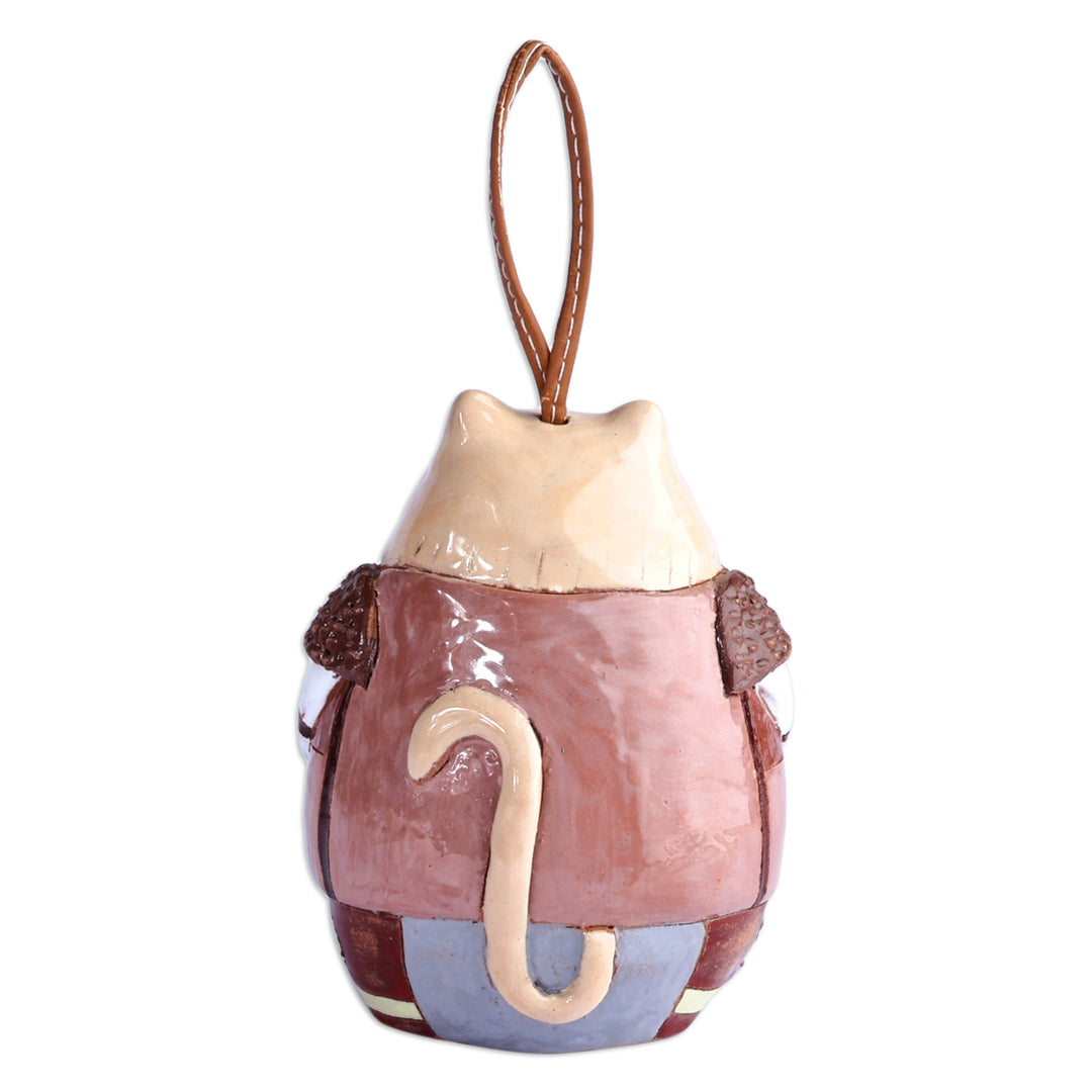 Hand-Painted Cat Ceramic Bell Ornament with Leather Cord - Gallant Cat