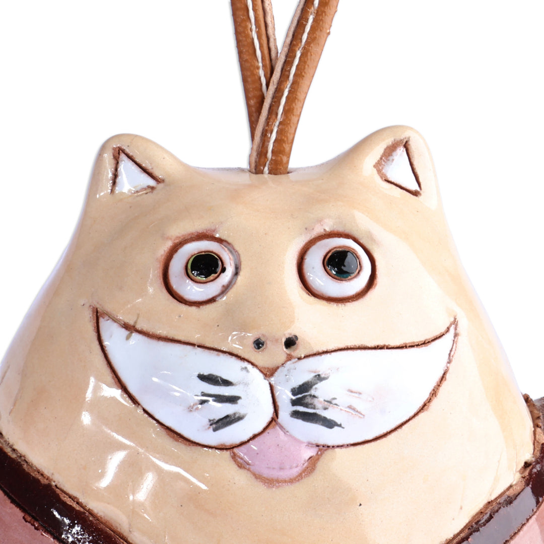 Hand-Painted Cat Ceramic Bell Ornament with Leather Cord - Gallant Cat