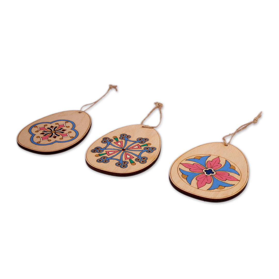 3 Hand-Painted Folk Art Armenian Crosses Wooden Ornaments - Folk Art Crosses