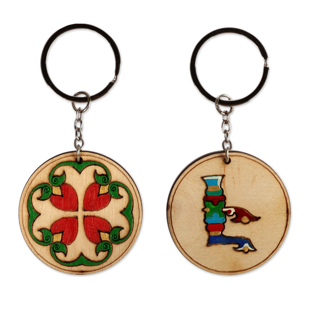 Set of 2 Handmade Letter E and Regal Bloom Wood Keychains - Blooming E