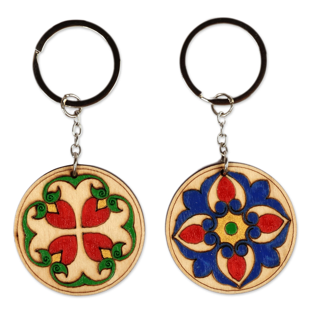 Folk Art-Themed 2-Piece Round Wood Keychain Set from Armenia - Noble Signals