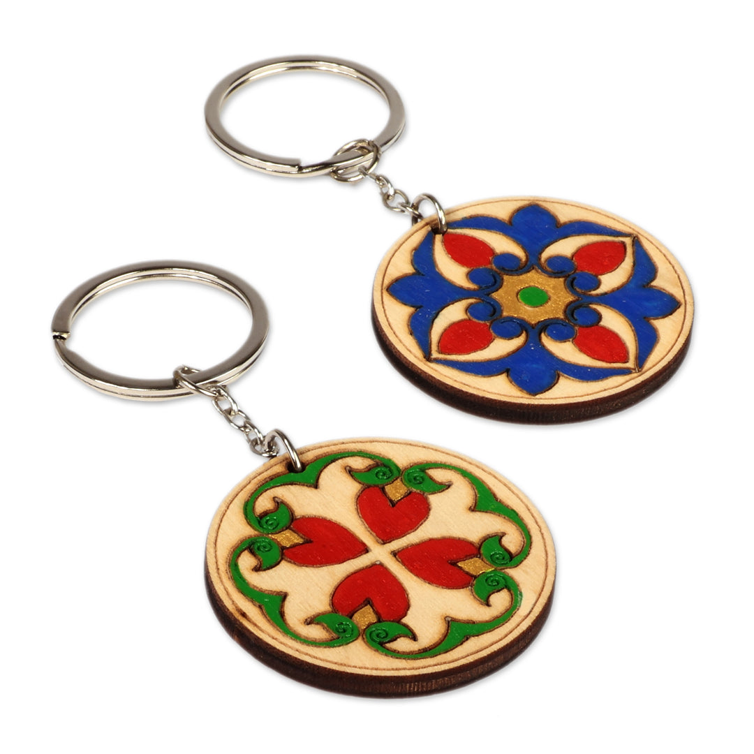 Folk Art-Themed 2-Piece Round Wood Keychain Set from Armenia - Noble Signals