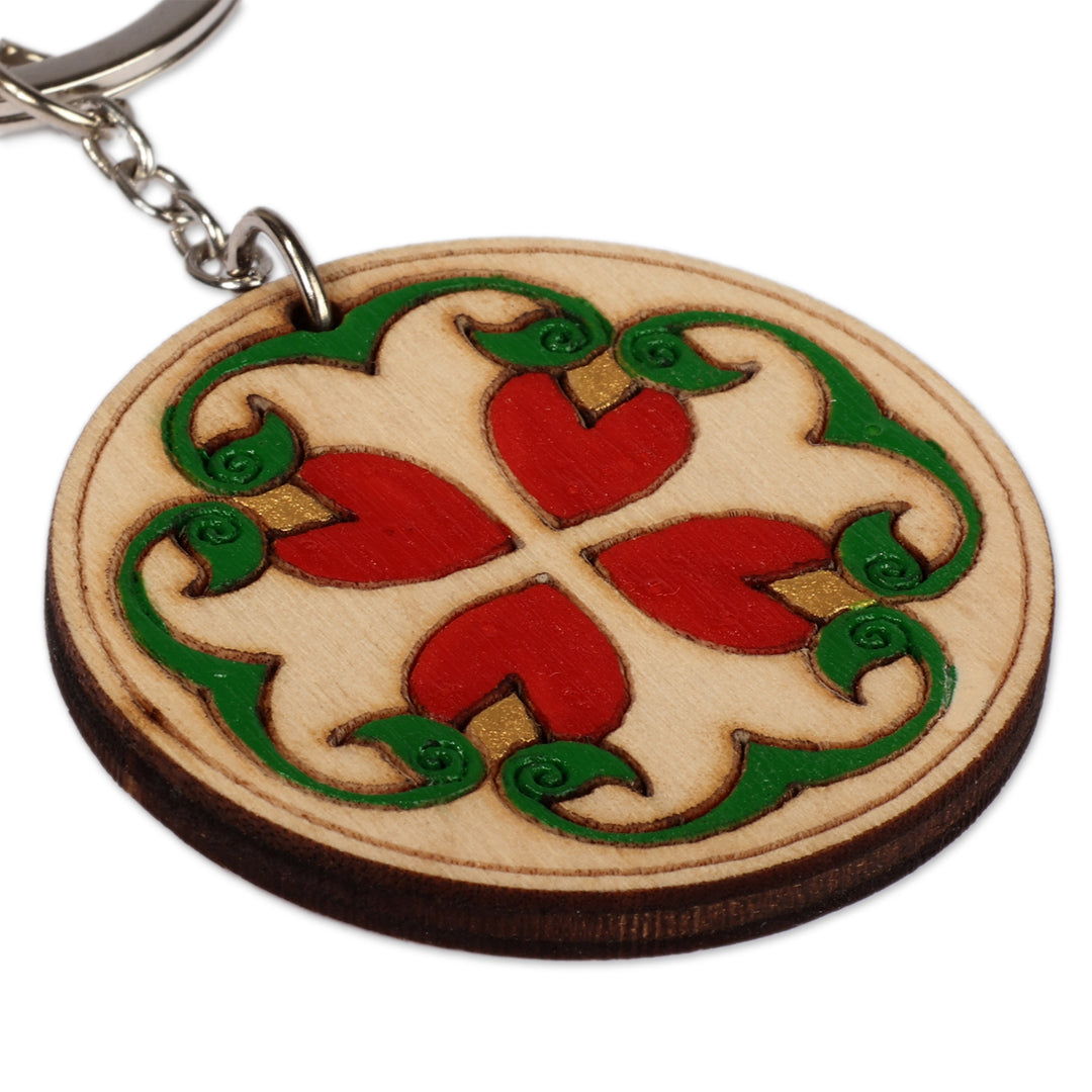 Folk Art-Themed 2-Piece Round Wood Keychain Set from Armenia - Noble Signals
