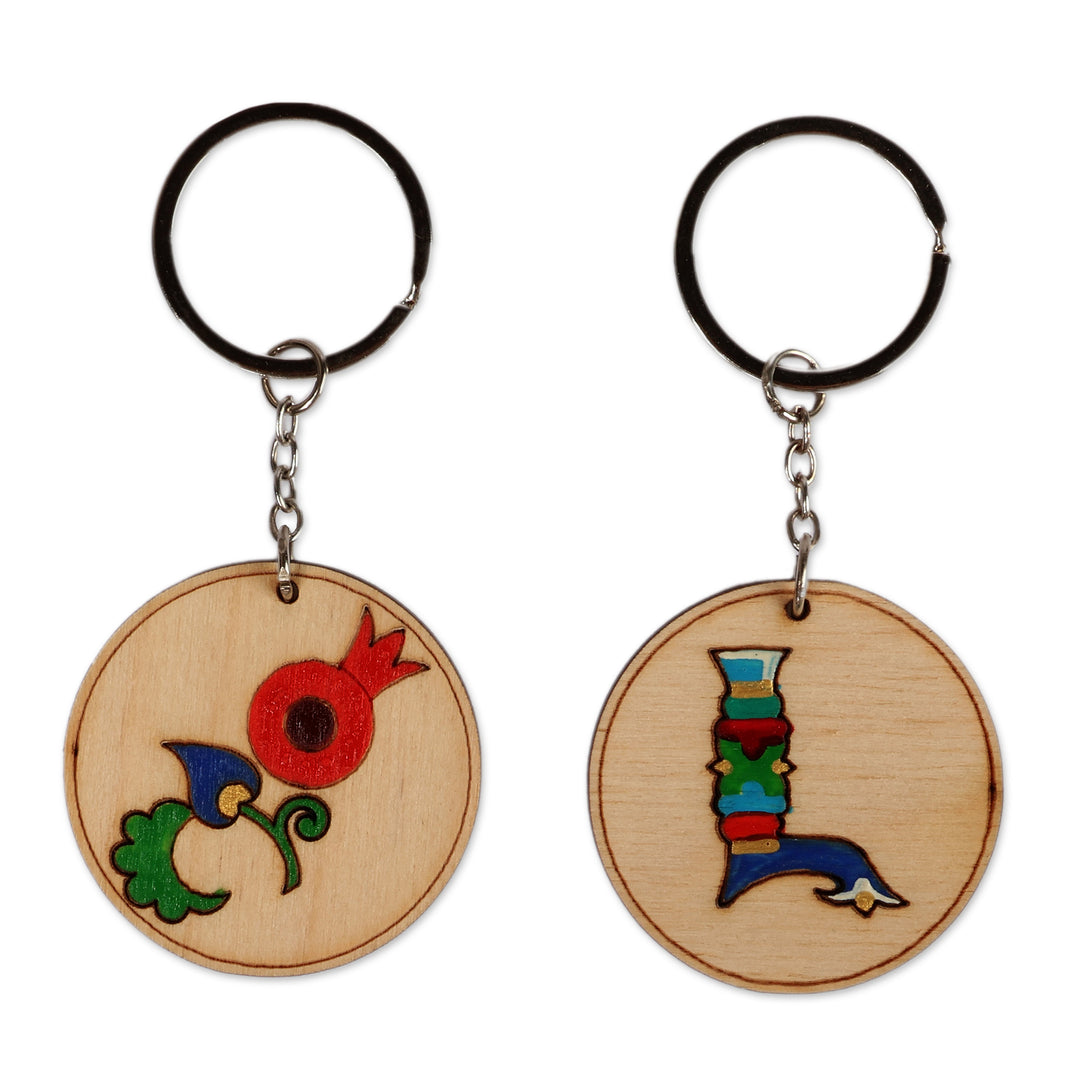 Pomegranate and Letter L-Themed 2-Piece Wood Keychain Set - Auguring L