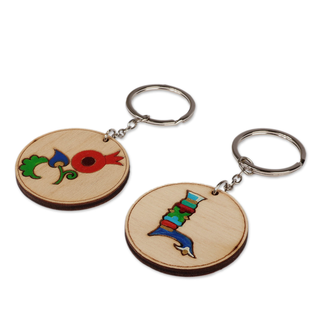 Pomegranate and Letter L-Themed 2-Piece Wood Keychain Set - Auguring L