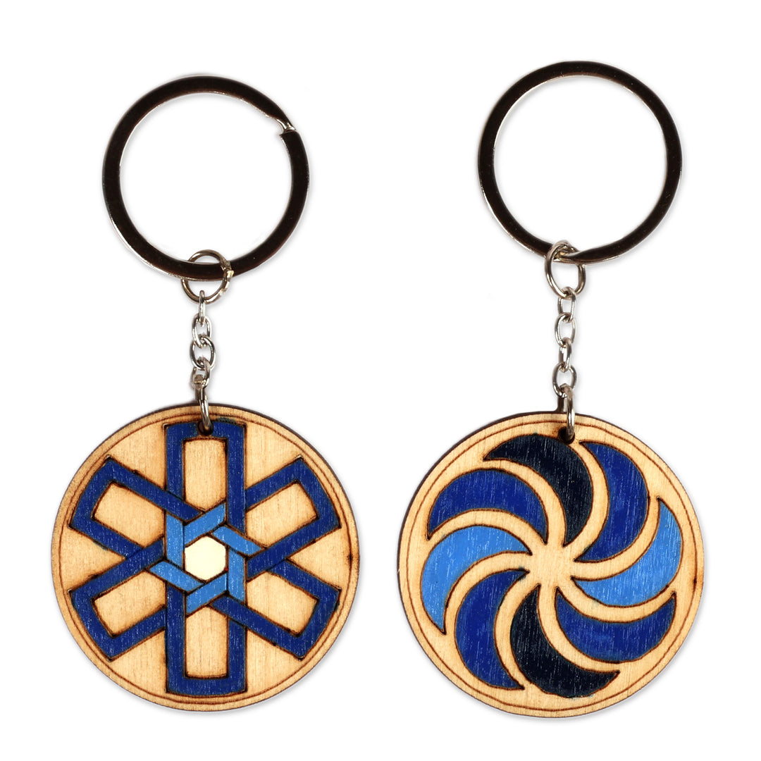 Set of 2 Armenian Round Wood Keychains Painted in Blue Hues - Traditional Blue