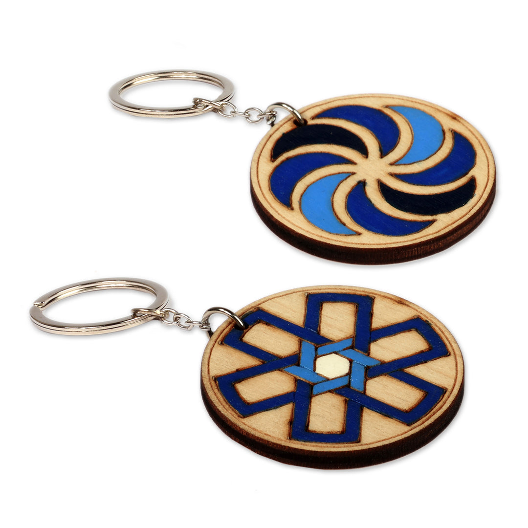Set of 2 Armenian Round Wood Keychains Painted in Blue Hues - Traditional Blue