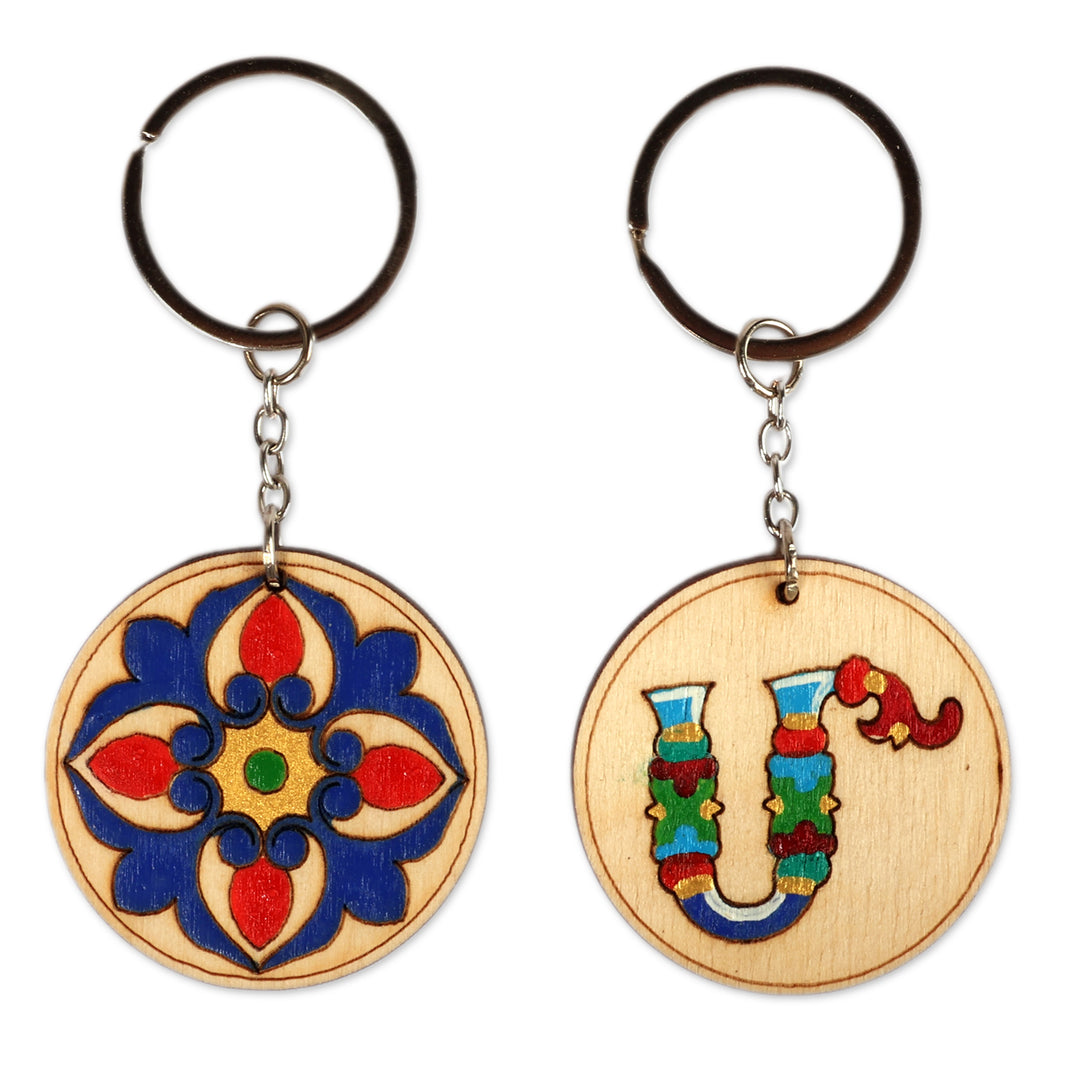 Handcrafted Set of 2 Letter M and Flower-Themed Keychains - Regal M