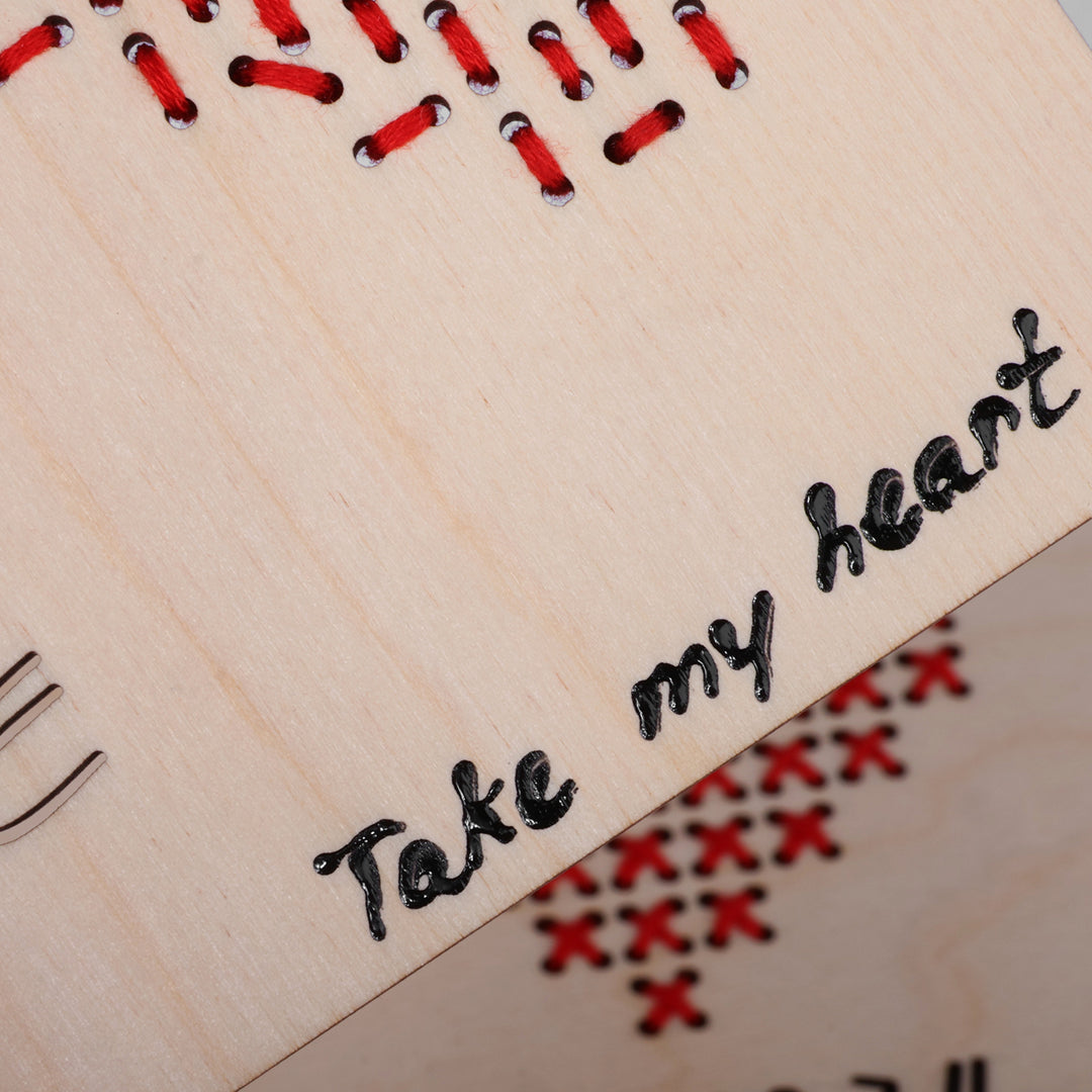 Two Heart-Themed Wooden Greeting Cards with Stitched Accents - Take my Heart