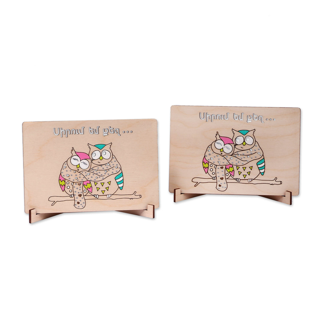 Handcrafted Painted Romantic Owl-Themed Wood Postcard Pair - Owl Union