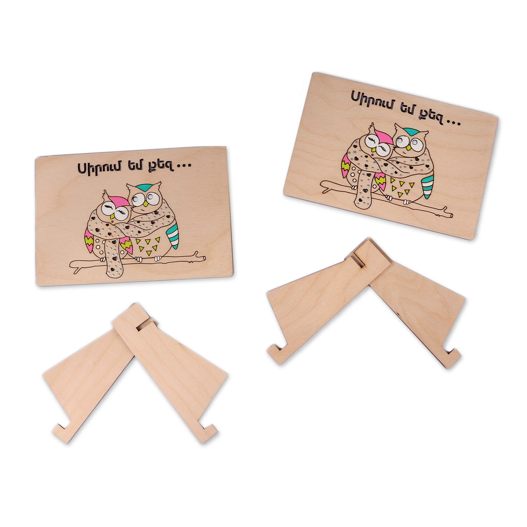 Handcrafted Painted Romantic Owl-Themed Wood Postcard Pair - Owl Union