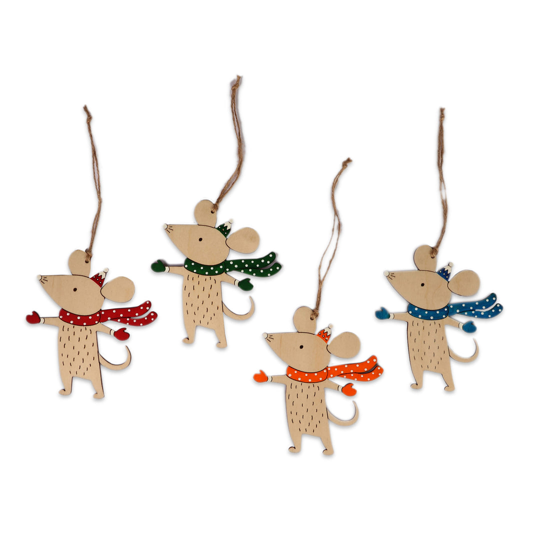 Mouse-Shaped Assorted 4-Piece Wood Ornament Set from Armenia - Joyful Mice