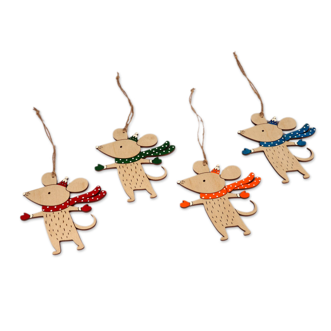 Mouse-Shaped Assorted 4-Piece Wood Ornament Set from Armenia - Joyful Mice