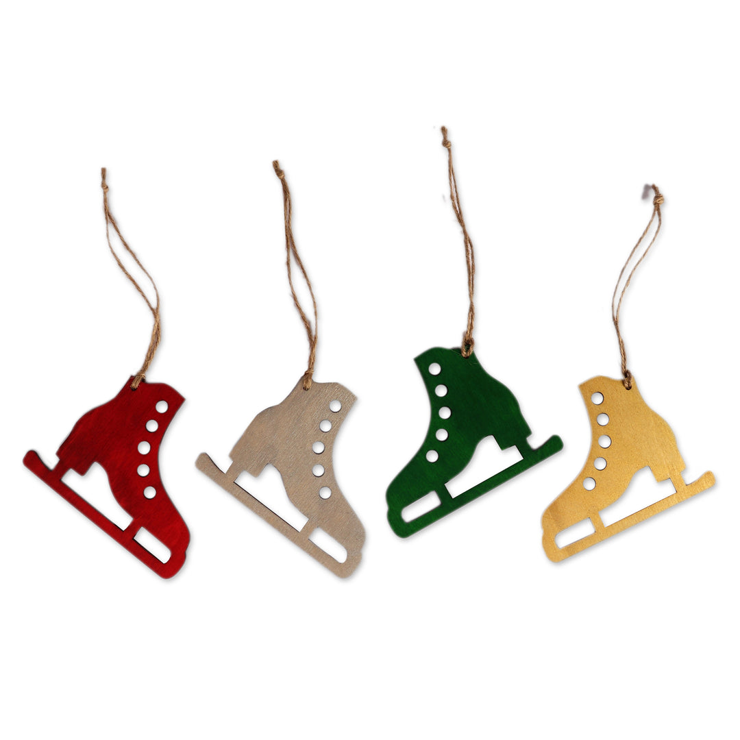 Holiday-Themed Whimsical 4-Piece Ice Skate Wood Ornament Set - Holiday Glide