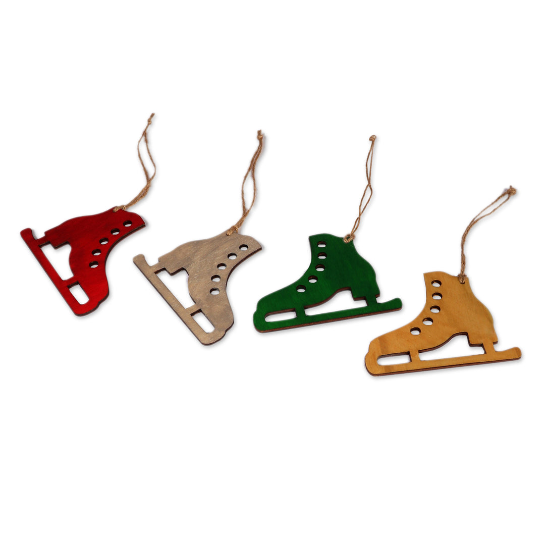 Holiday-Themed Whimsical 4-Piece Ice Skate Wood Ornament Set - Holiday Glide