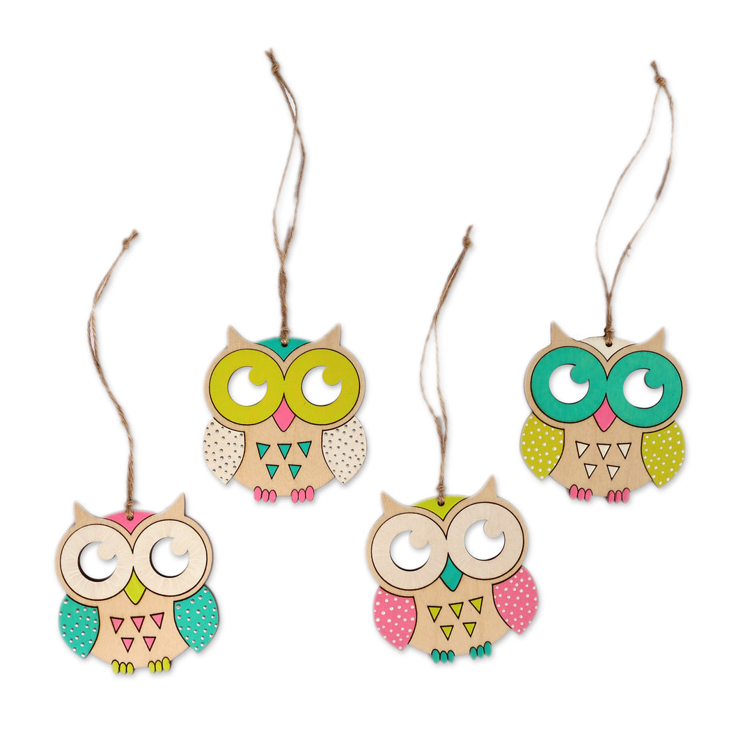 Hand-Painted Set of 4 Owl-Shaped Multicolor Wood Ornaments - Wise Feathers