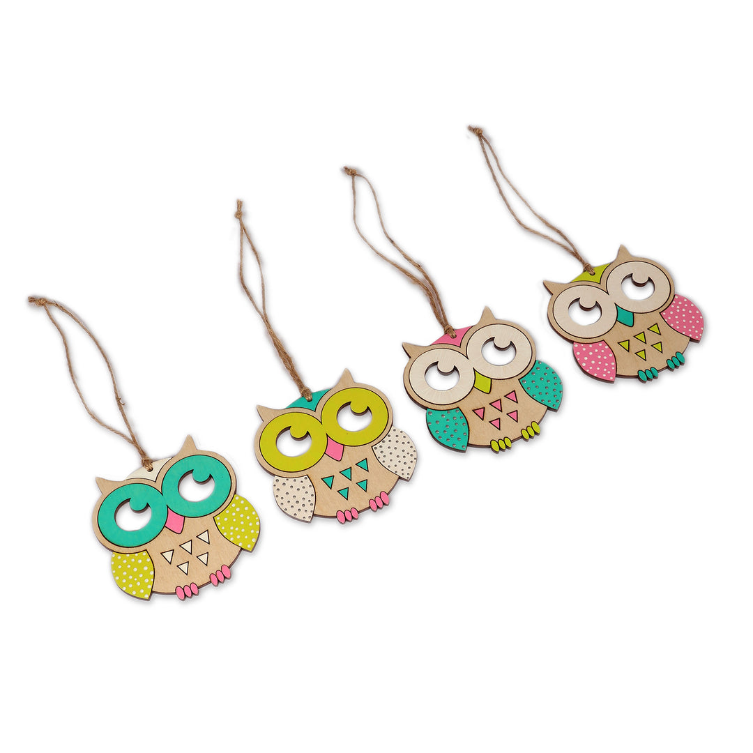 Hand-Painted Set of 4 Owl-Shaped Multicolor Wood Ornaments - Wise Feathers