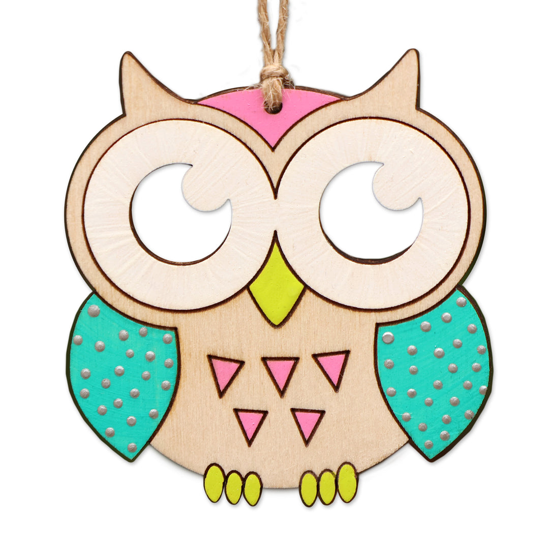 Hand-Painted Set of 4 Owl-Shaped Multicolor Wood Ornaments - Wise Feathers