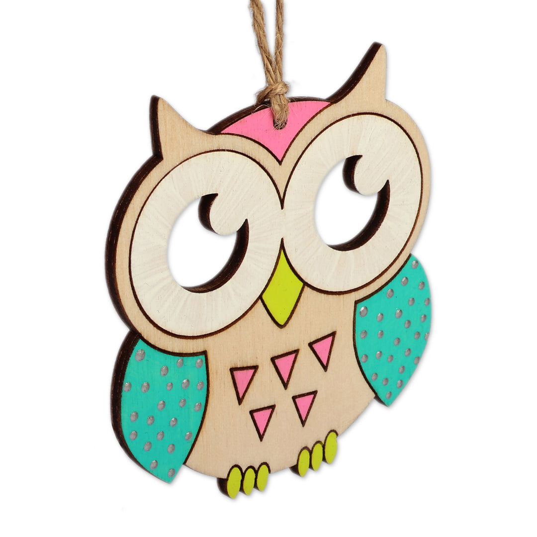 Hand-Painted Set of 4 Owl-Shaped Multicolor Wood Ornaments - Wise Feathers