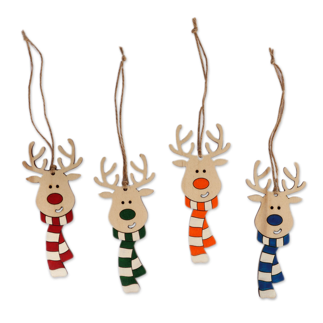 Assorted 4-Piece Wood Reindeer Ornament Set from Armenia - Joyful Antlers