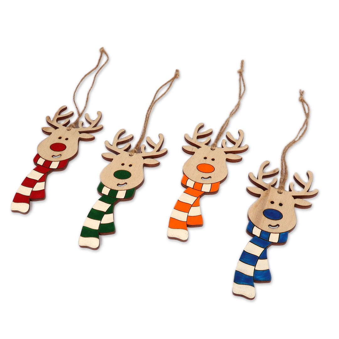 Assorted 4-Piece Wood Reindeer Ornament Set from Armenia - Joyful Antlers