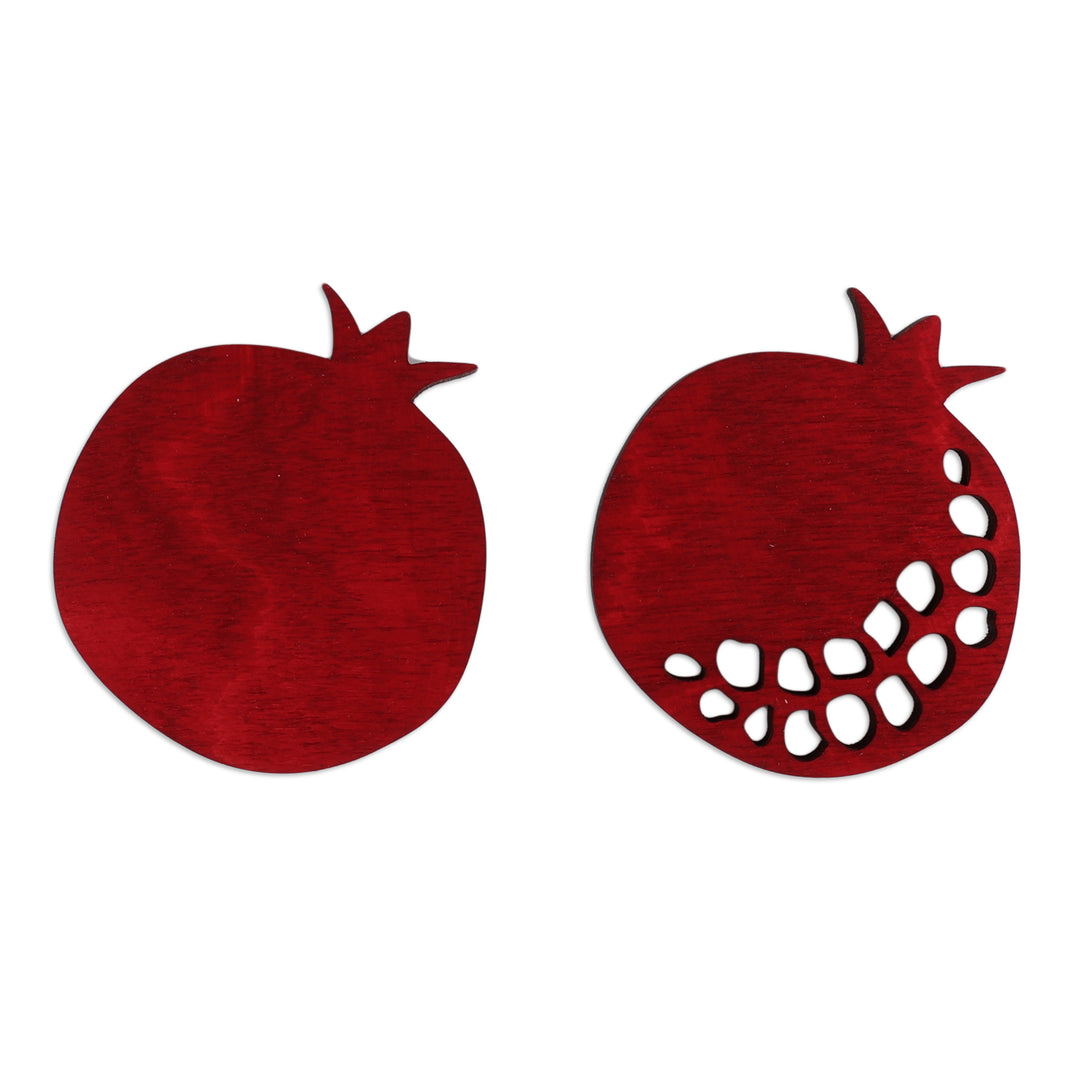 Artisan Hand-Carved 2-Piece Red Pomegranate Wood Magnet Set - Pomegranate Signals