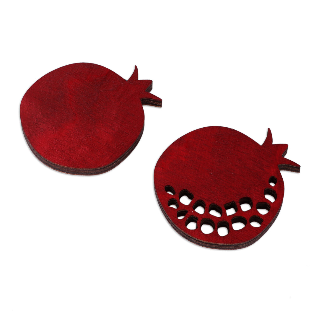 Artisan Hand-Carved 2-Piece Red Pomegranate Wood Magnet Set - Pomegranate Signals