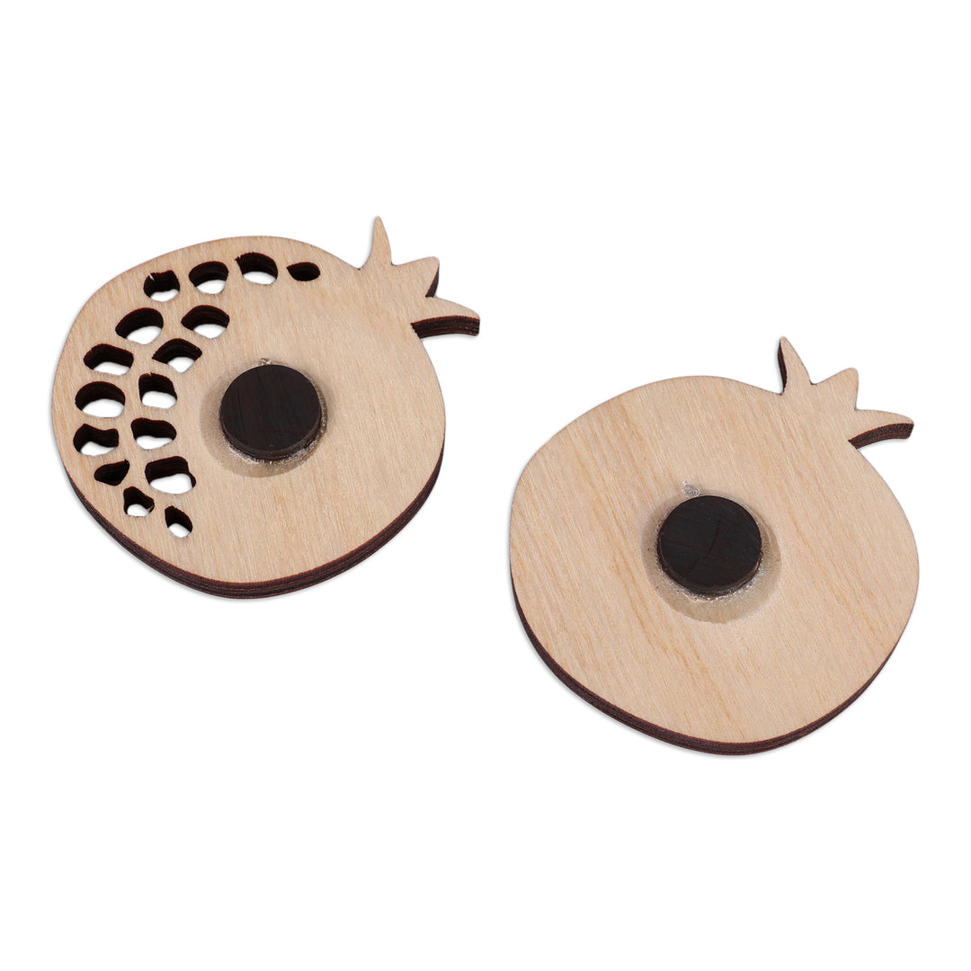 Artisan Hand-Carved 2-Piece Red Pomegranate Wood Magnet Set - Pomegranate Signals
