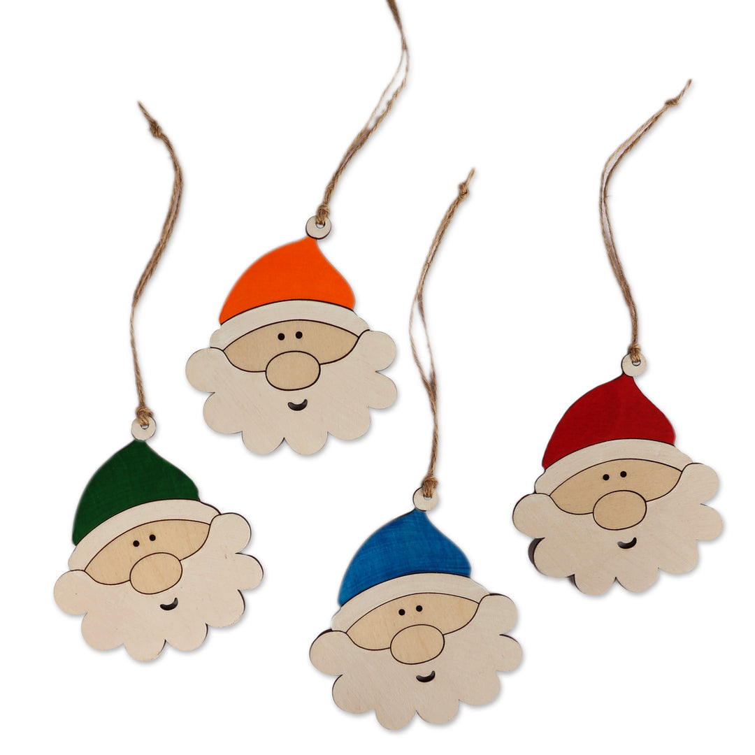 Santa-Themed Assorted 4-Piece Wood Ornament Set from Armenia - Joyful Santas